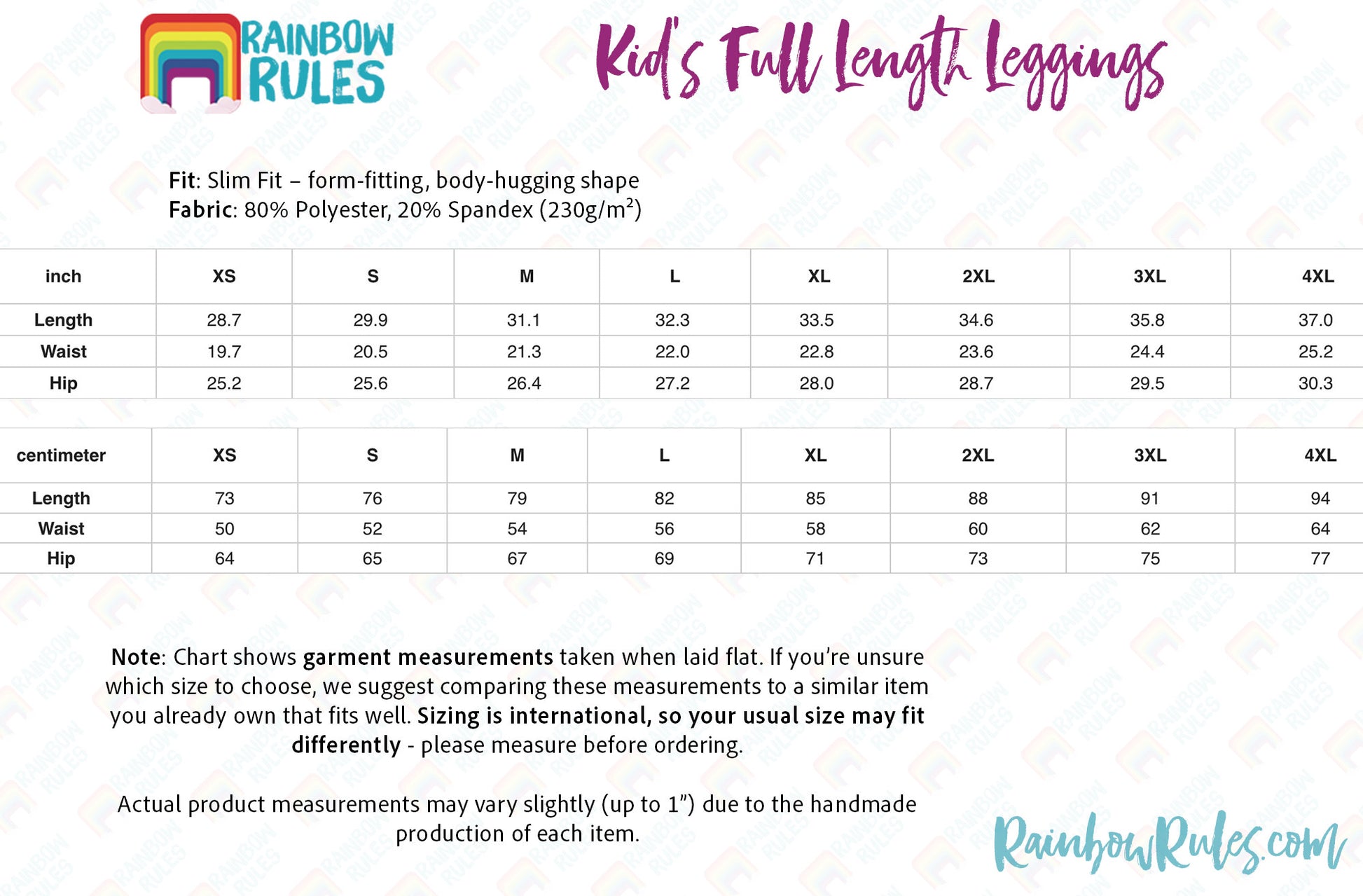 the size chart for the rainbow rules kids full length leggings