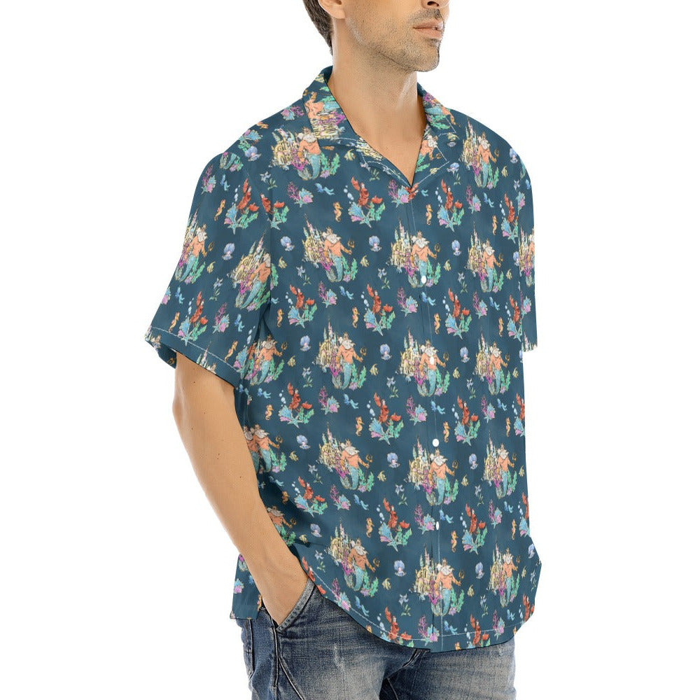 Whimsical Sea King and Crab - Men's Hawaiian Button Up Shirt