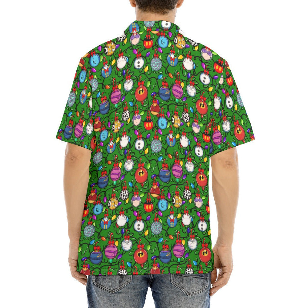 Festive Character Baubles on Green - Men's Hawaiian Button Up Shirt