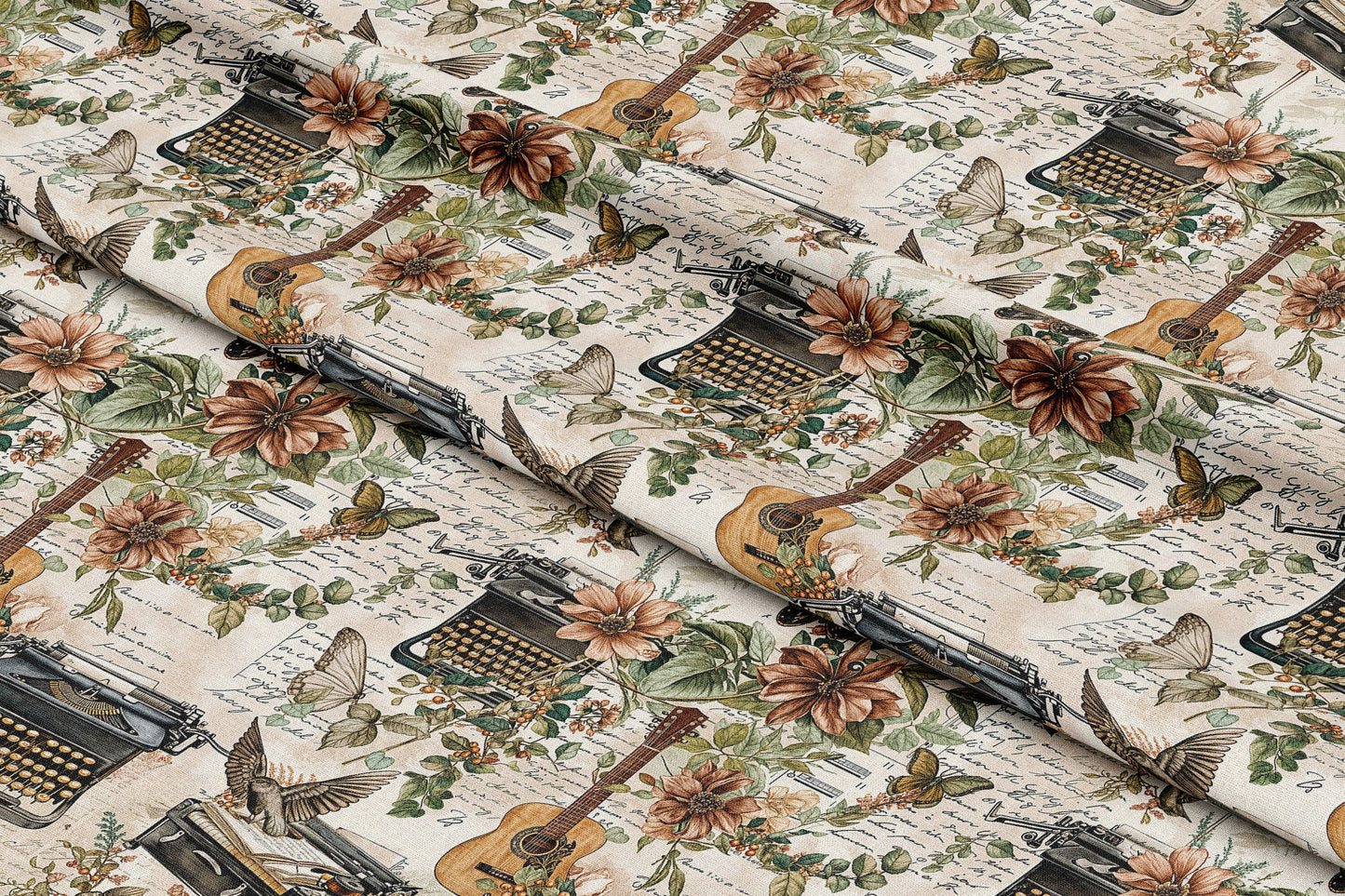 Vintage Typewriters, Guitars, & Florals - Digital Seamless Pattern