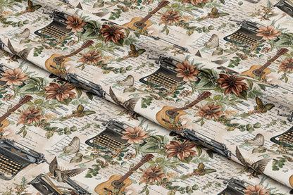 Vintage Typewriters, Guitars, & Florals - Digital Seamless Pattern