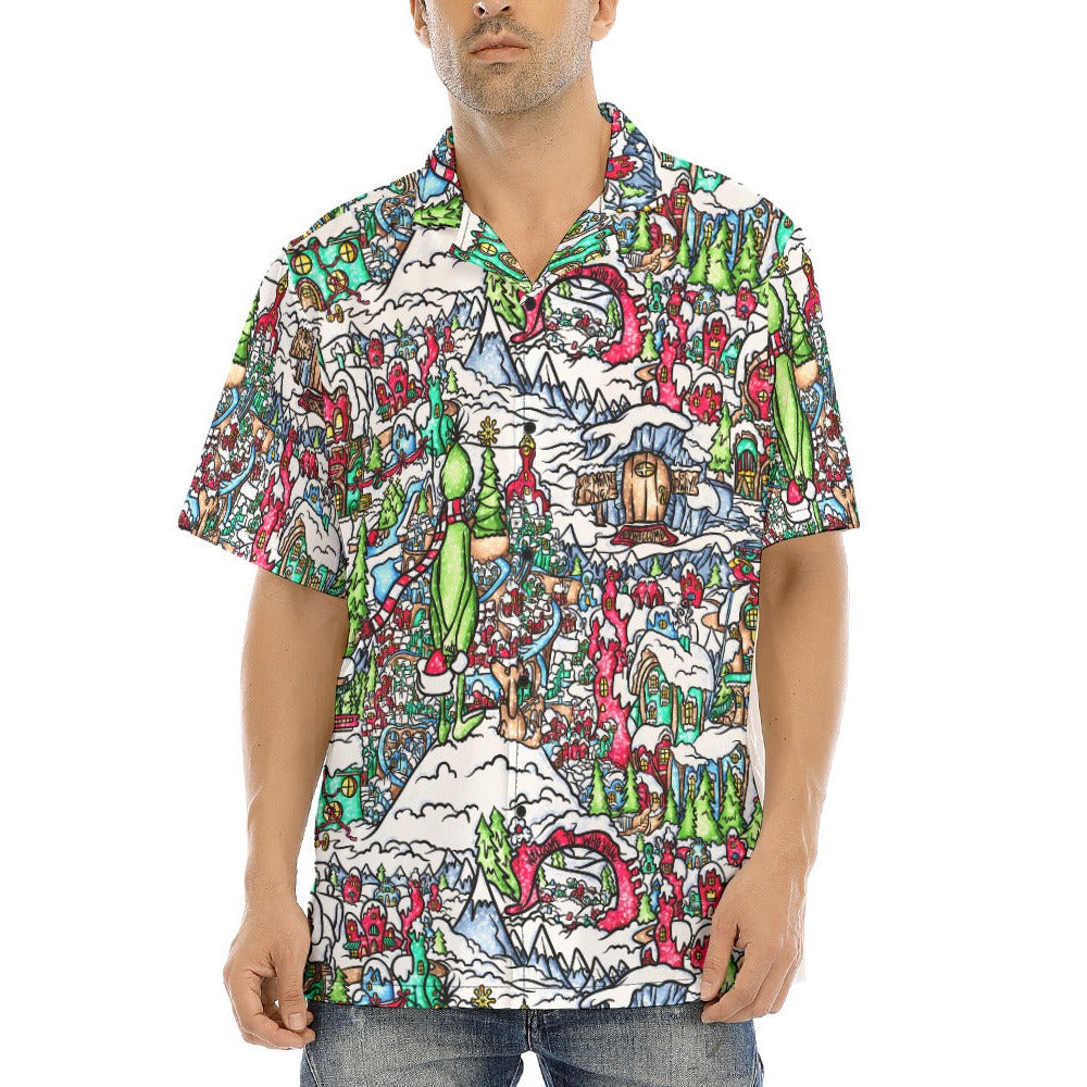 Whimsical Village Winter Wonderland - Men's Hawaiian Button Up Shirt