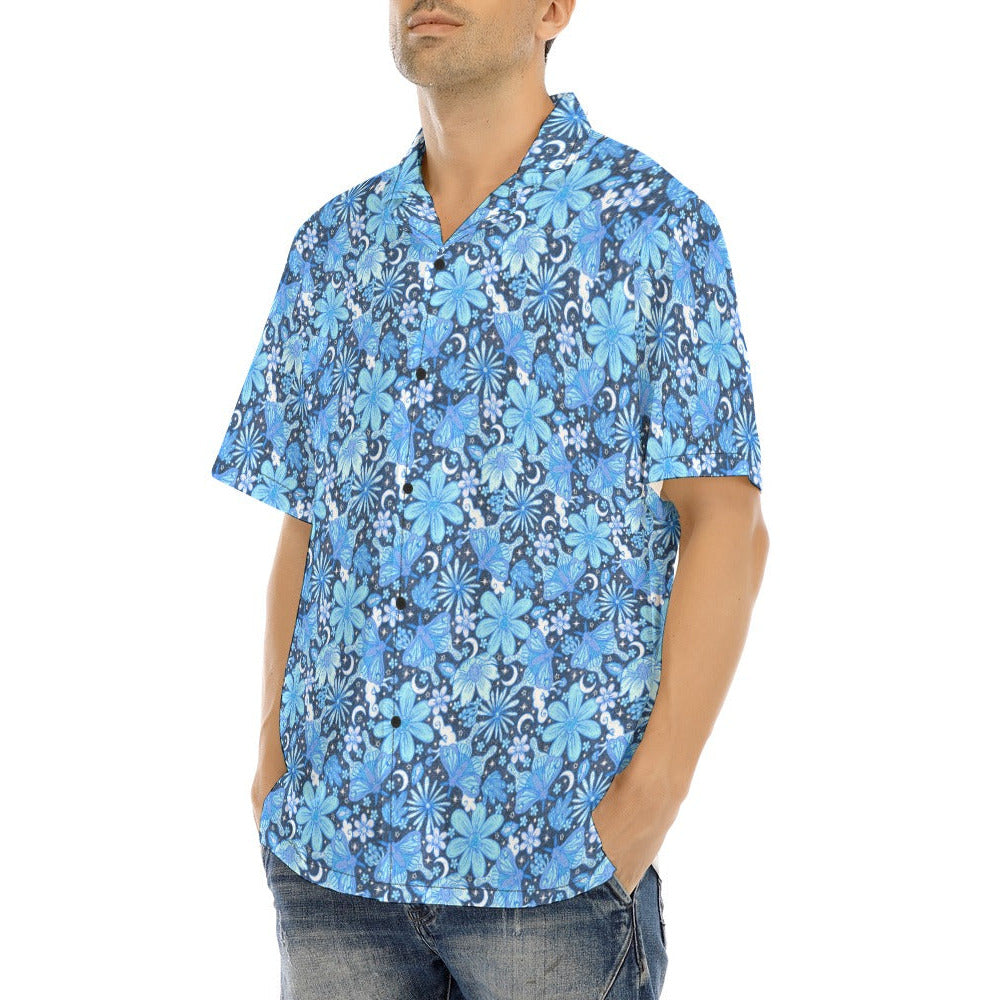 Blue Crystal Moths - Men's Hawaiian Button Up Shirt