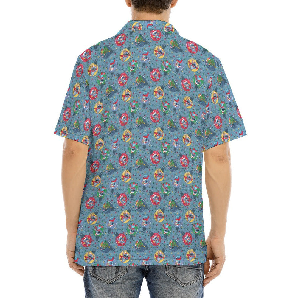 Holiday Baubles with Mischievous Blue Alien - Men's Hawaiian Button Up Shirt