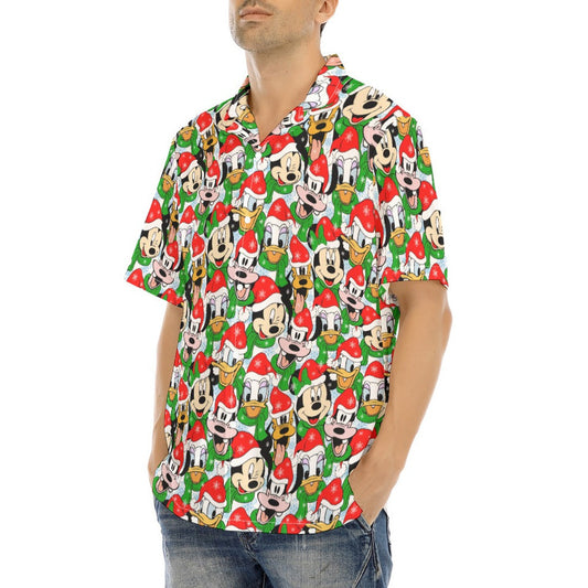 Mouse Friends in Santa Hats - Men's Hawaiian Button Up Shirt