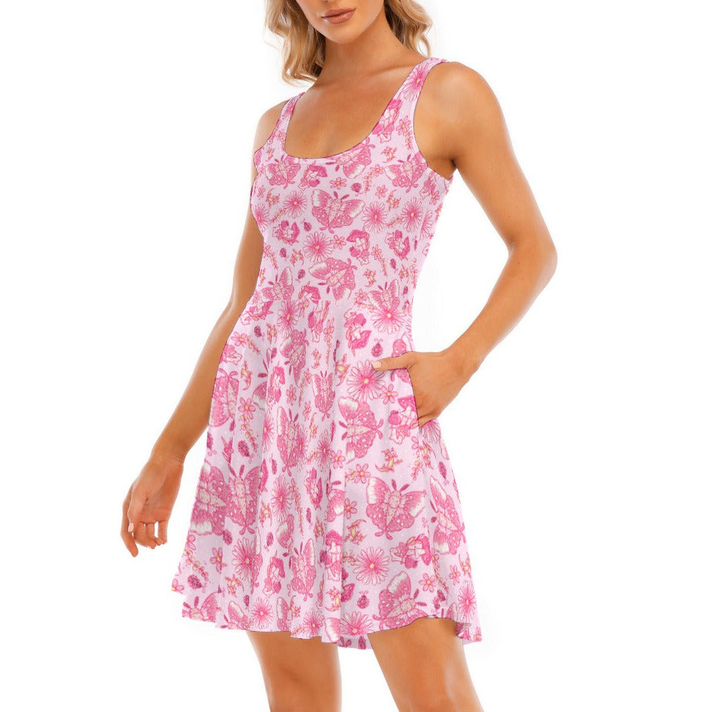 Pink Mushroom Moths - Women's Sleeveless Pocket Skater Dress