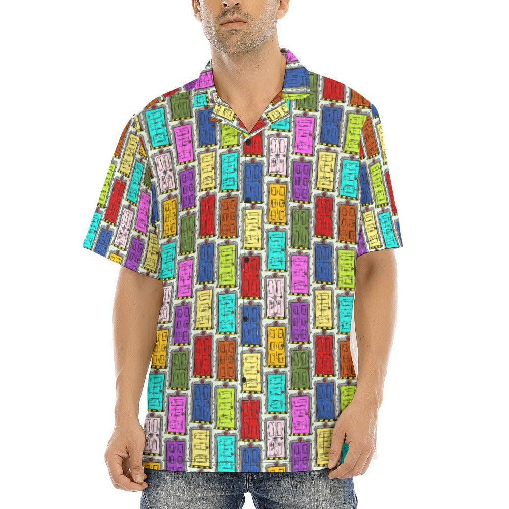 Sketchy Scare Doors - Men's Hawaiian Button Up Shirt