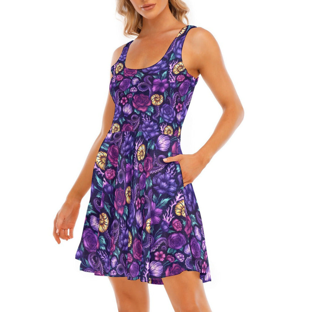 Fairytale Florals – Dark Sea Witch - Women's Sleeveless Pocket Skater Dress