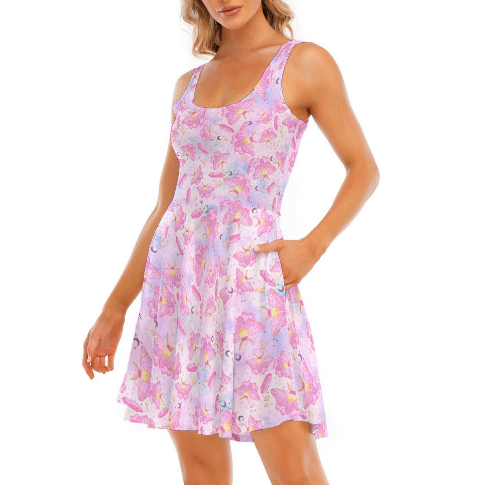 Pink Crystal Lunar Moths - Women's Sleeveless Pocket Skater Dress