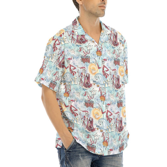Santa Jack with Sally & Ghost Dog - Men's Hawaiian Button Up Shirt