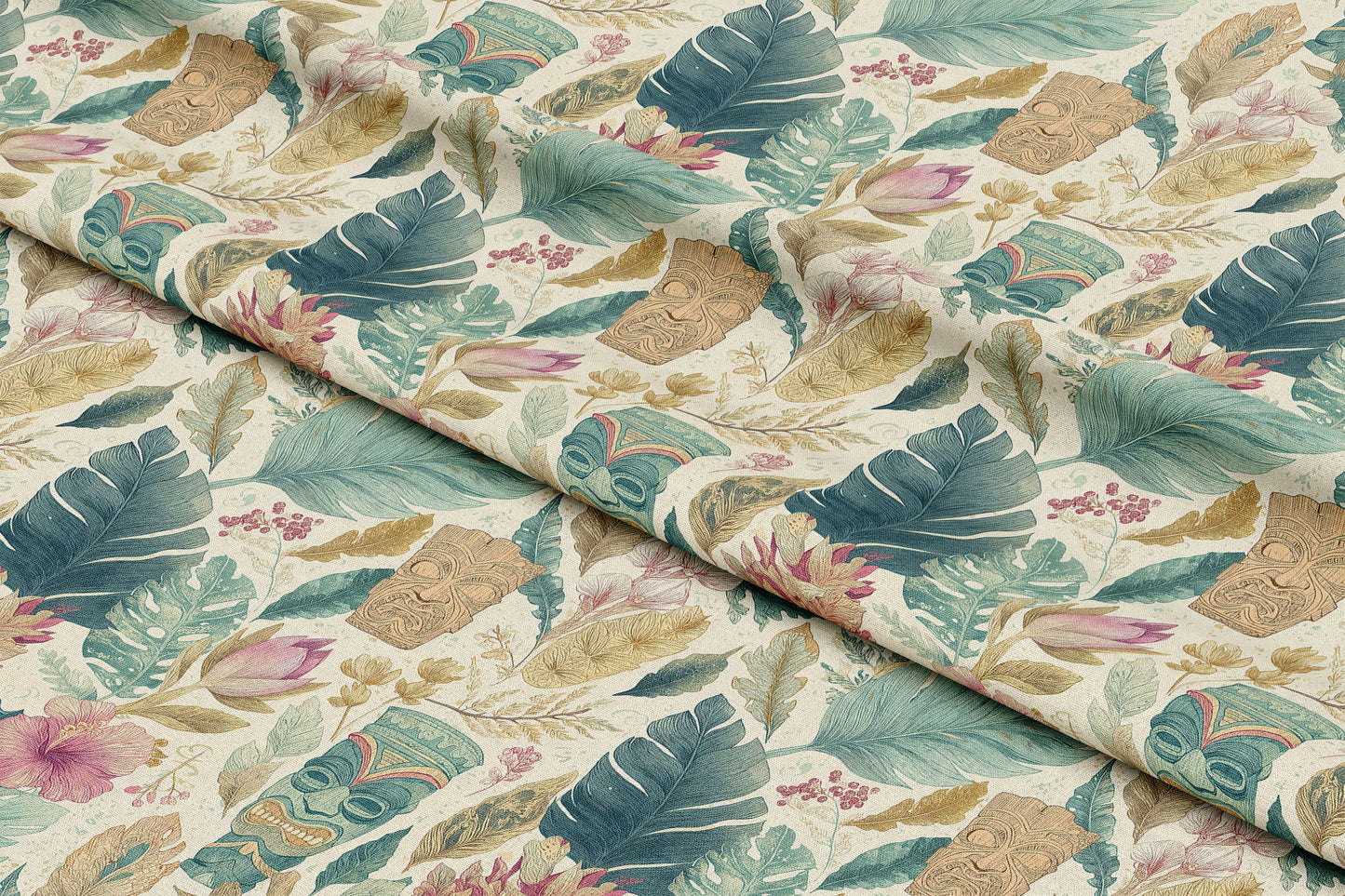 Tropical Leaves and Tiki Totems - Digital Seamless Pattern