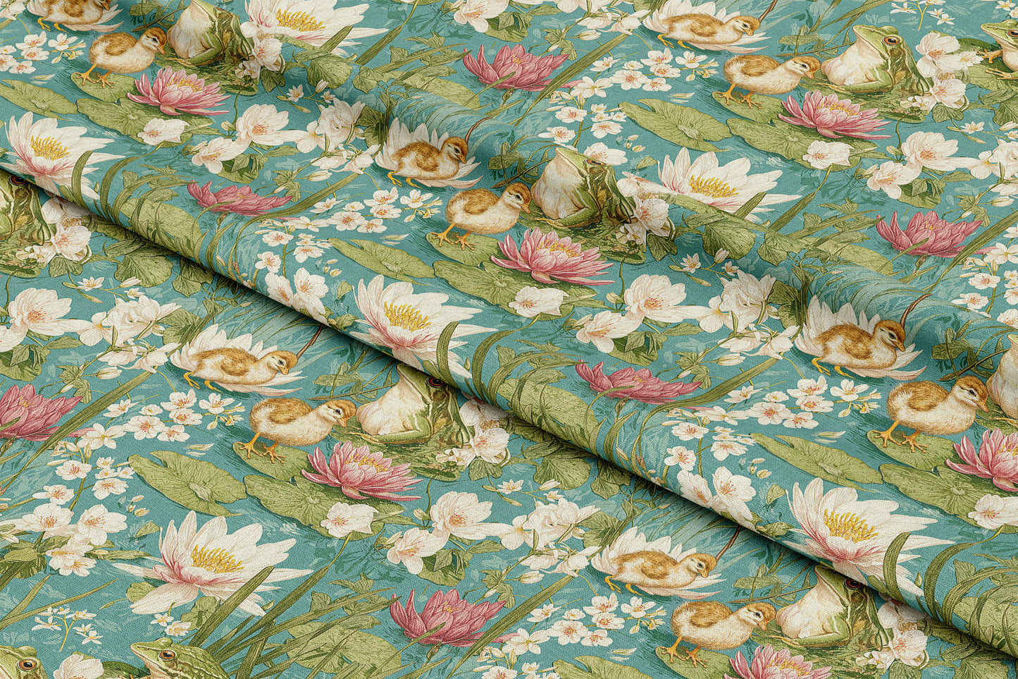 Frogs, Ducklings, and Floral Pond - Digital Seamless Pattern