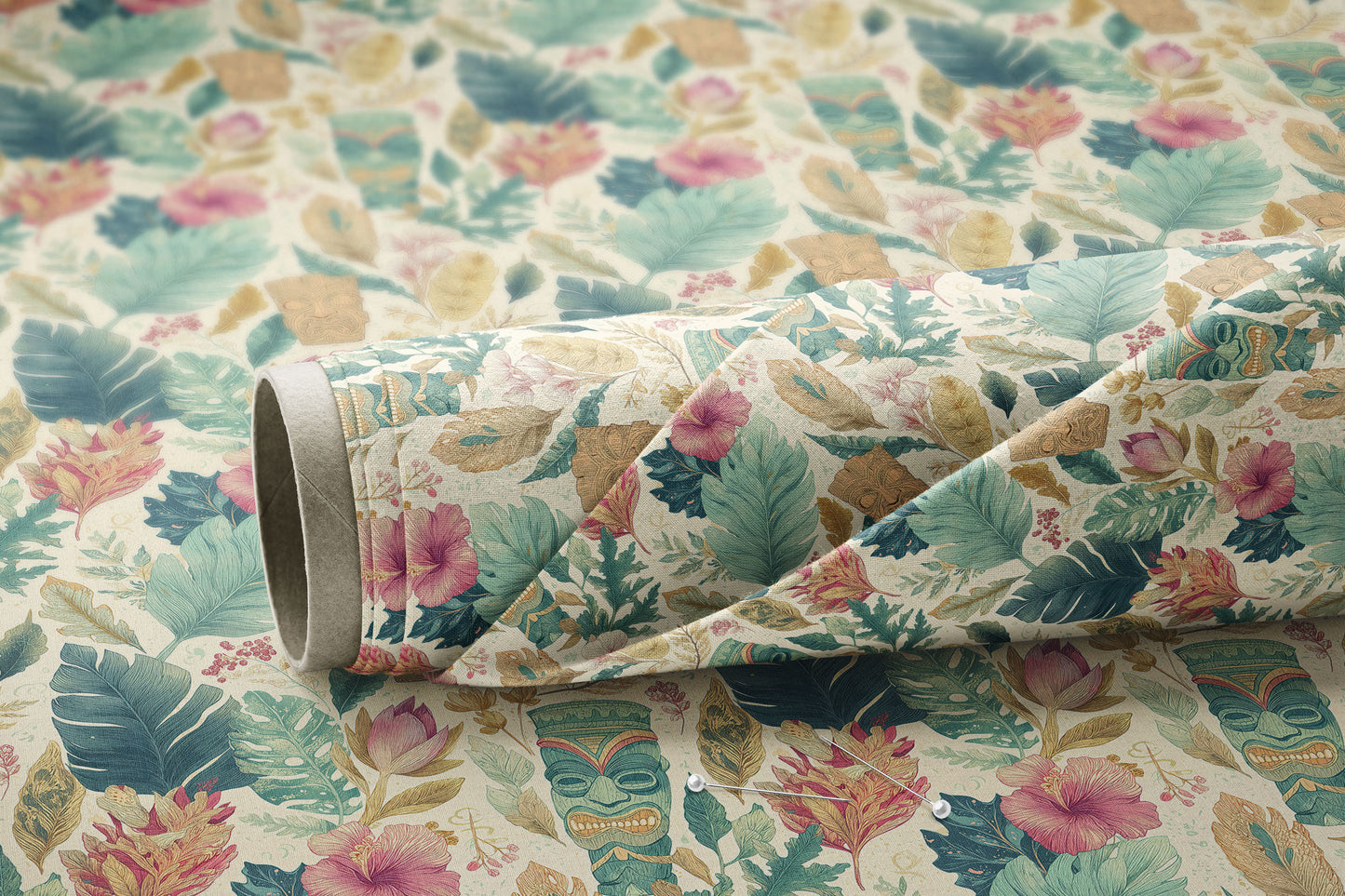 Tropical Leaves and Tiki Totems - Digital Seamless Pattern