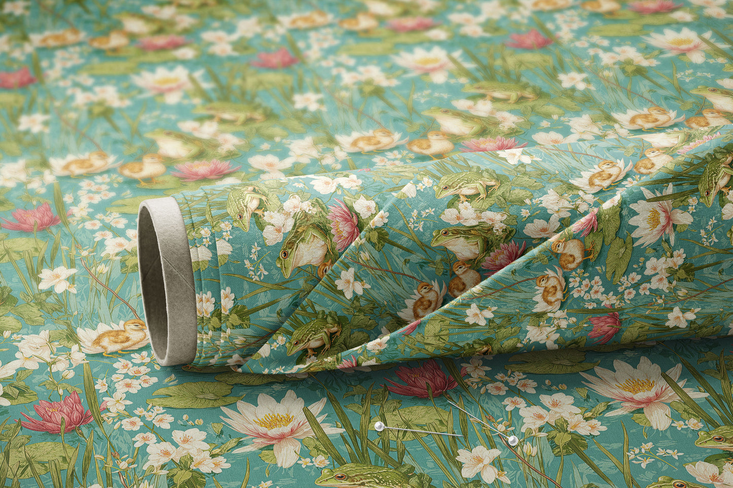 Frogs, Ducklings, and Floral Pond - Digital Seamless Pattern