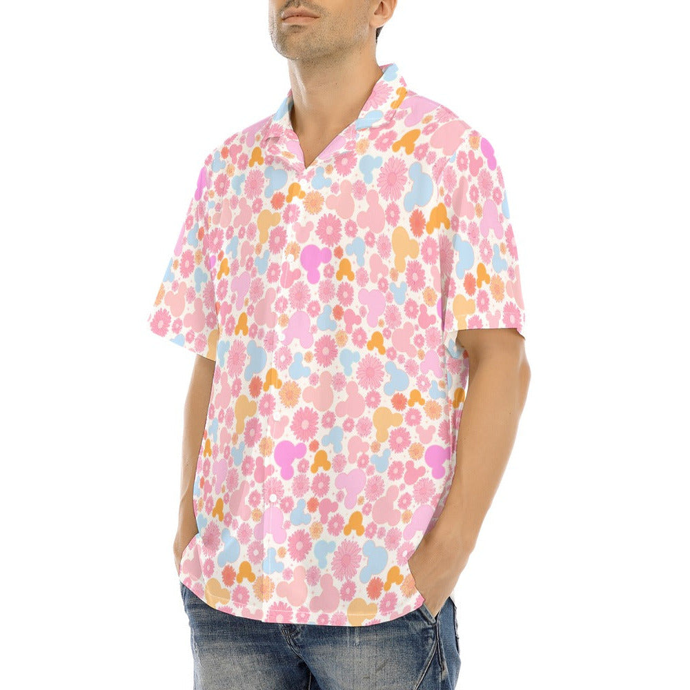 Retro Floral Mouse - Men's Hawaiian Button Up Shirt