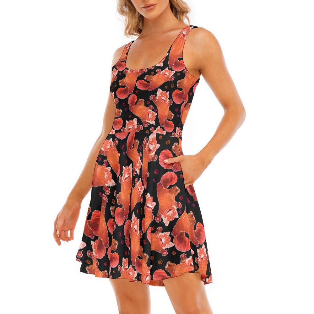 Scribbly Red Panda - Women's Sleeveless Pocket Skater Dress
