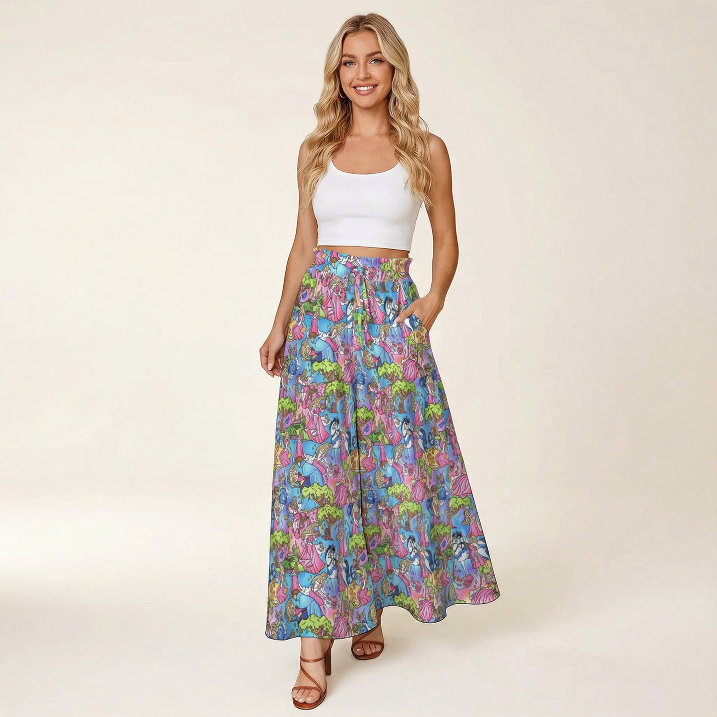 Dreaming Princess Storybook Scenes - Women's Ruffled Waist Wide-Leg Pants