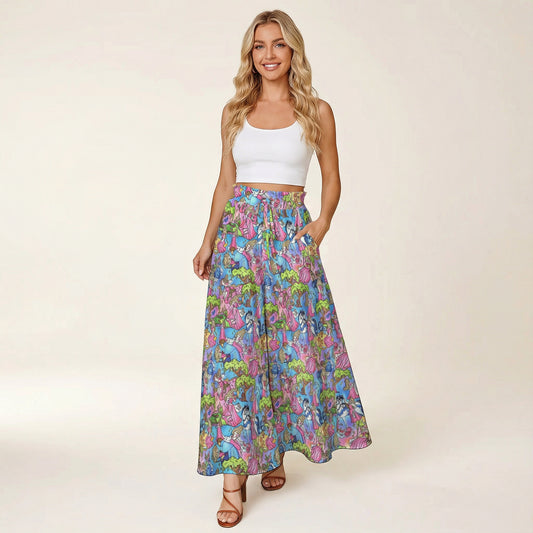 Dreaming Princess Storybook Scenes - Women's Ruffled Waist Wide-Leg Pants