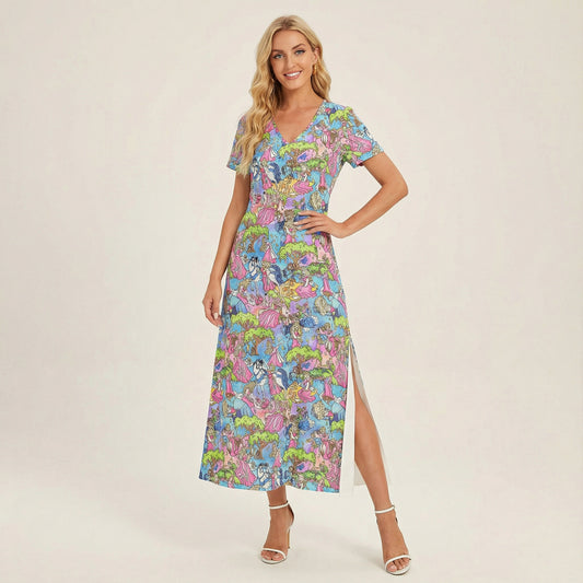Dreaming Princess Storybook Scenes - Women's V-Neck Side Split Maxi Dress