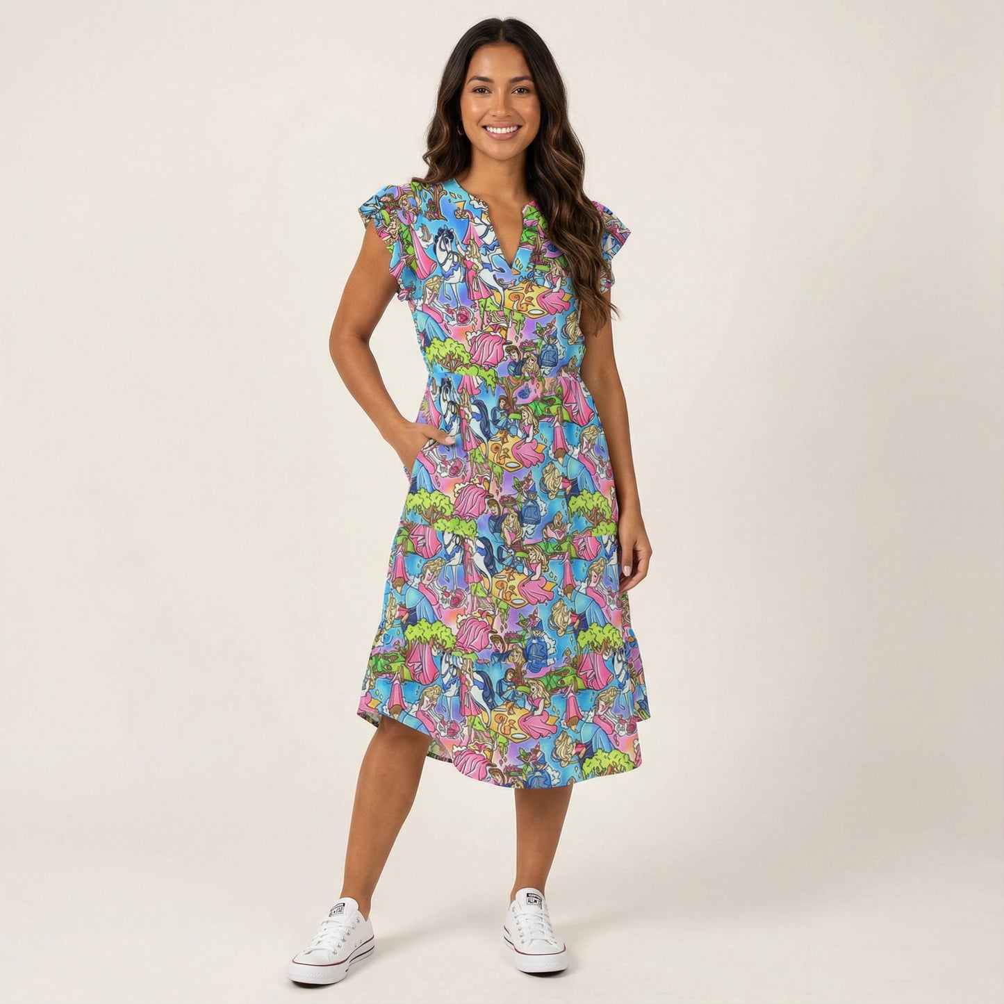 Dreaming Princess Storybook Scenes - Women's Tiered Pocket Midi Dress