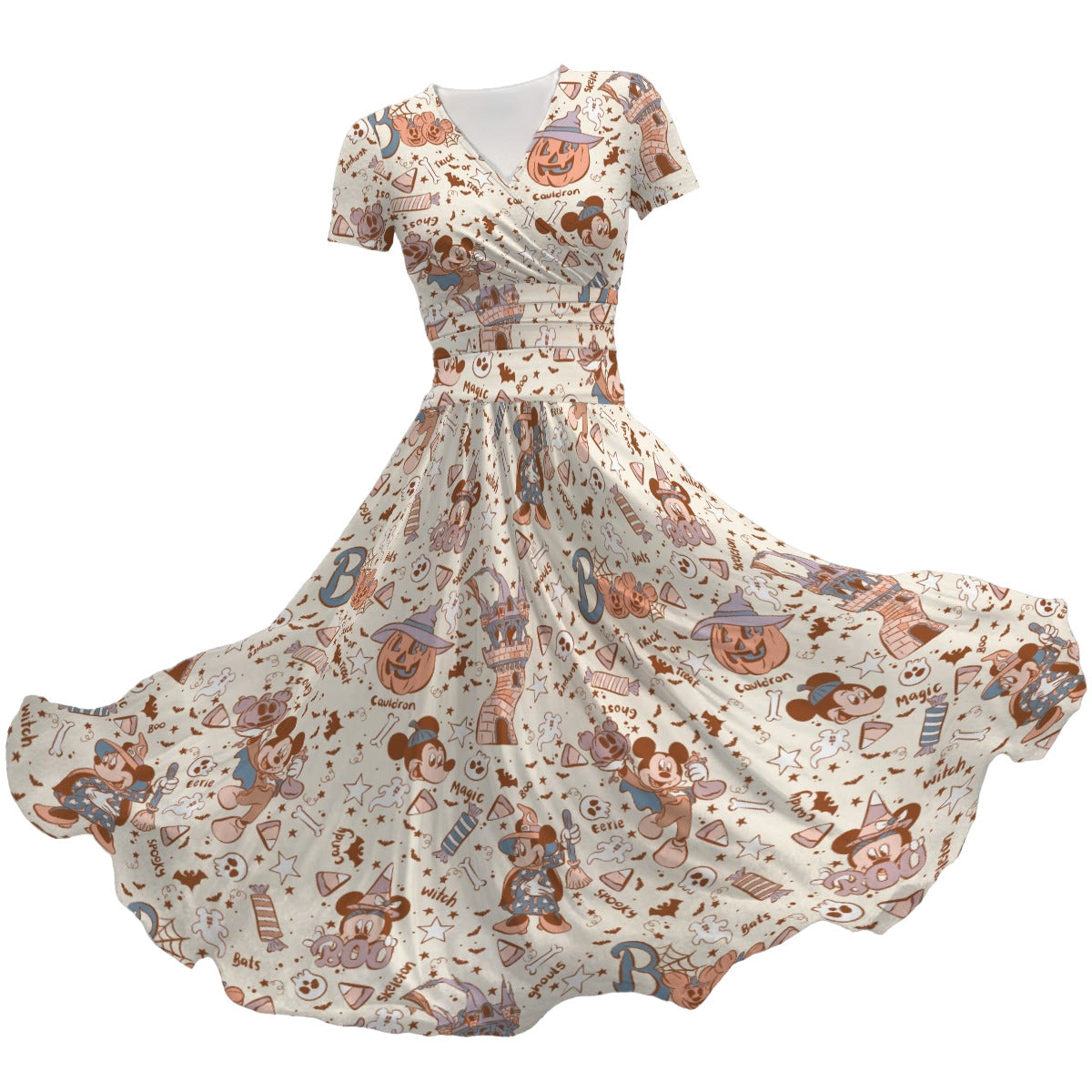 Vintage Halloween Doodles - Women's V-Neck Ruched Midi Dress