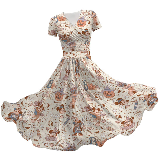 Vintage Halloween Doodles - Women's V-Neck Ruched Midi Dress