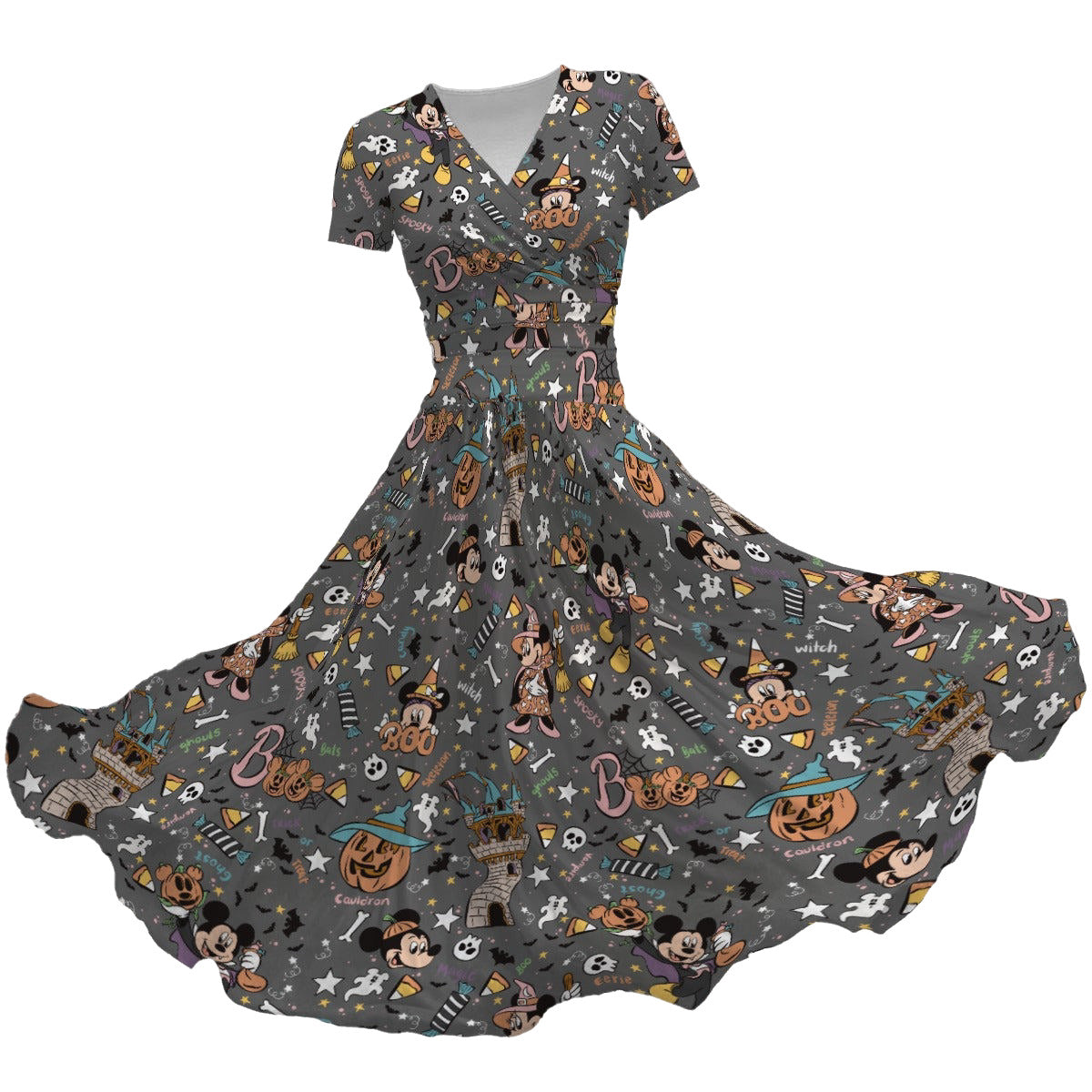 Spooky Spellbook Doodles - Women's V-Neck Ruched Midi Dress