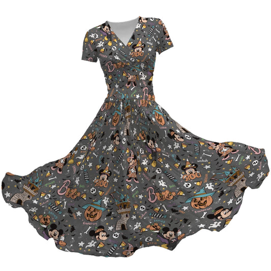 Spooky Spellbook Doodles - Women's V-Neck Ruched Midi Dress