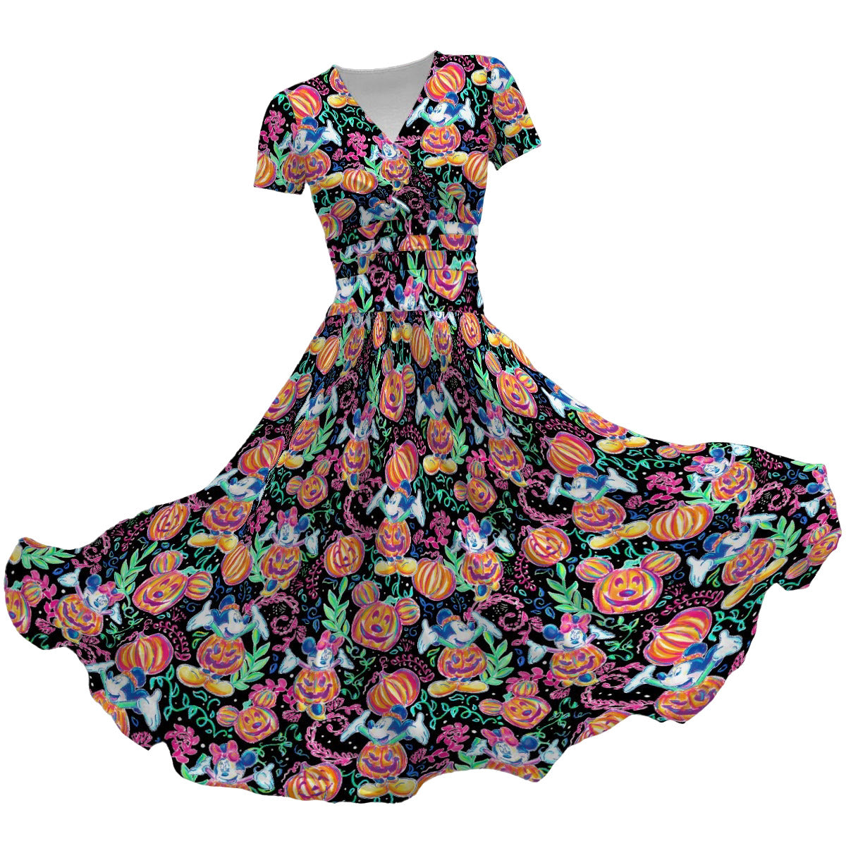 Mouse and Friends Pumpkin Parade - Women's V-Neck Ruched Midi Dress