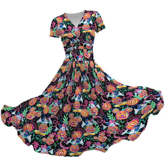 Mouse and Friends Pumpkin Parade - Women's V-Neck Ruched Midi Dress