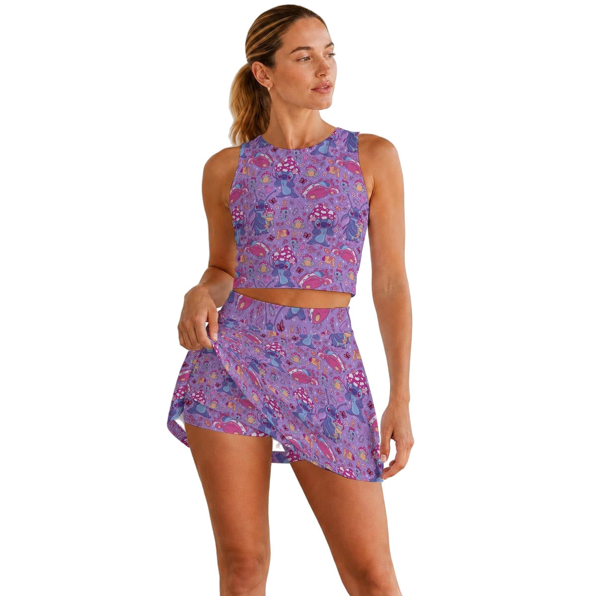 Blue Alien Mushroom Mischief - Women’s Athletic Skort Set with Open-Back Crop Top