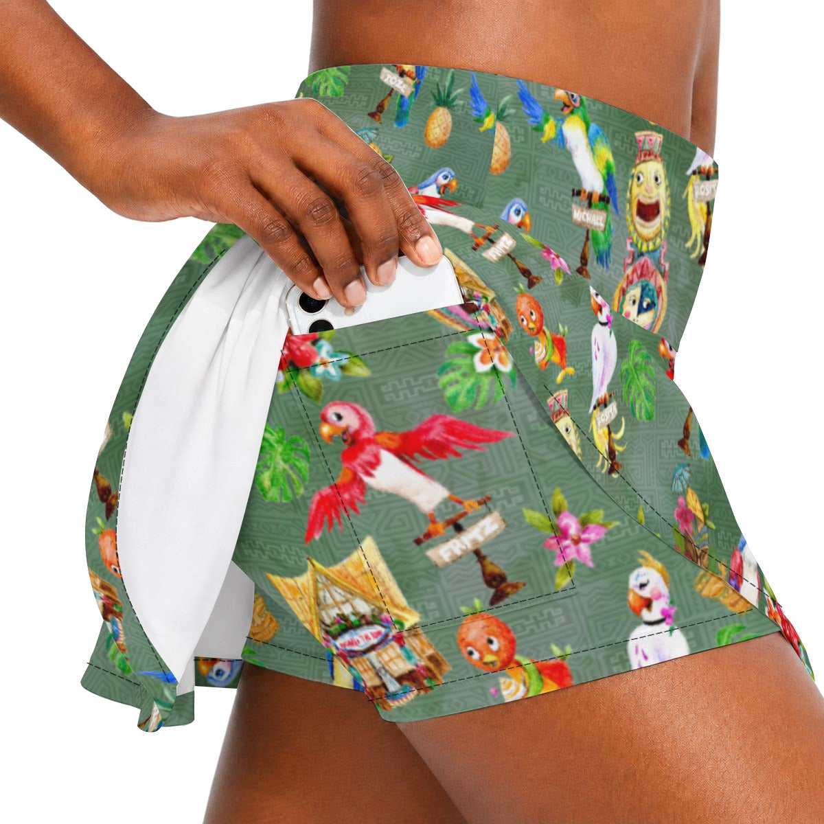 Orange Bird &amp; Tiki Friends - Women’s Athletic Skater Skort with Pockets