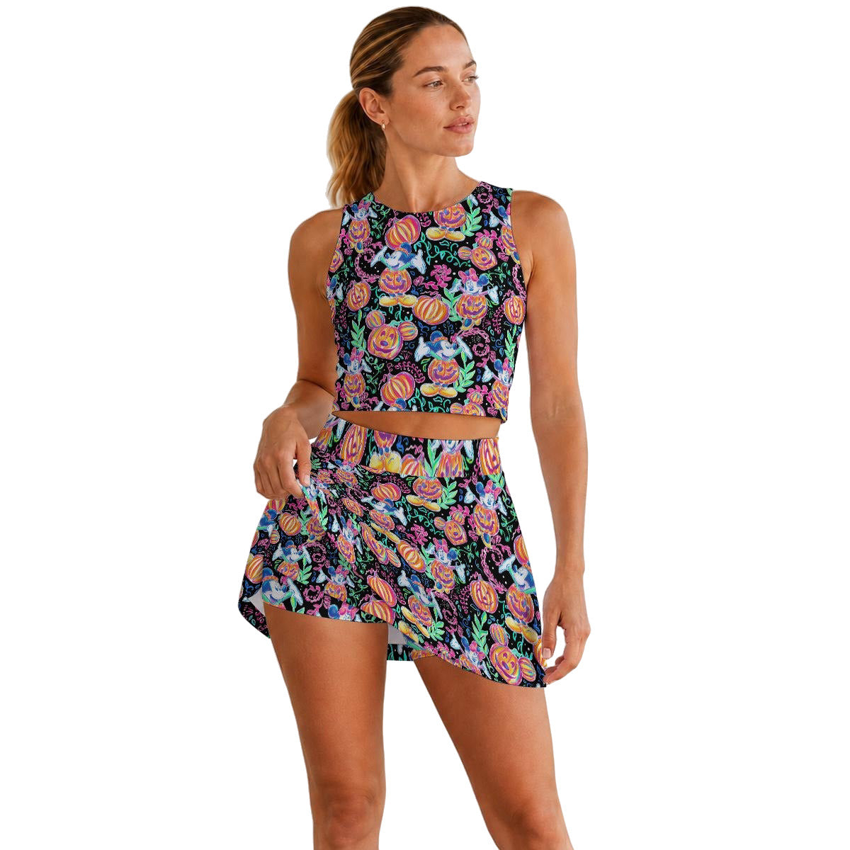 Mouse and Friends Pumpkin Parade - Women’s Athletic Skort Set with Open-Back Crop Top