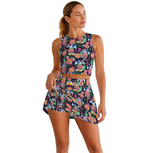 Mouse and Friends Pumpkin Parade - Women’s Athletic Skort Set with Open-Back Crop Top