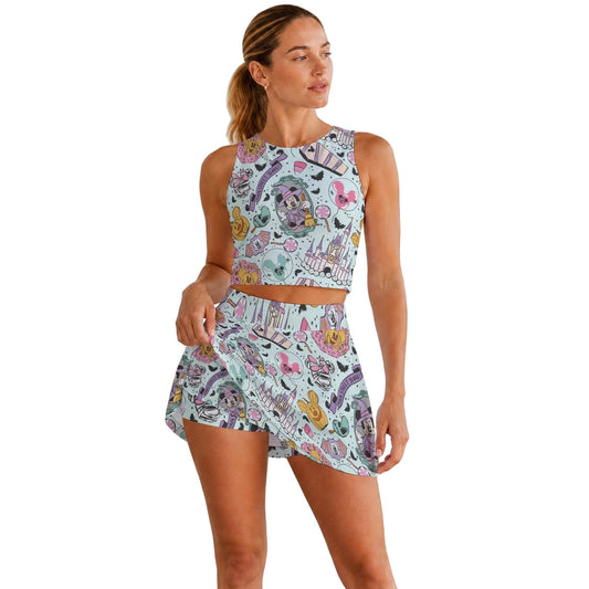 Pastel Spooky Party - Women’s Athletic Skort Set with Open-Back Crop Top