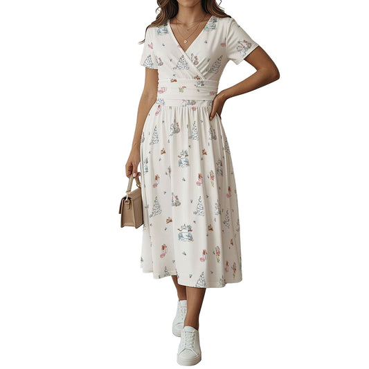 Storybook Christmas Cameo Mix - Women's V-Neck Ruched Midi Dress