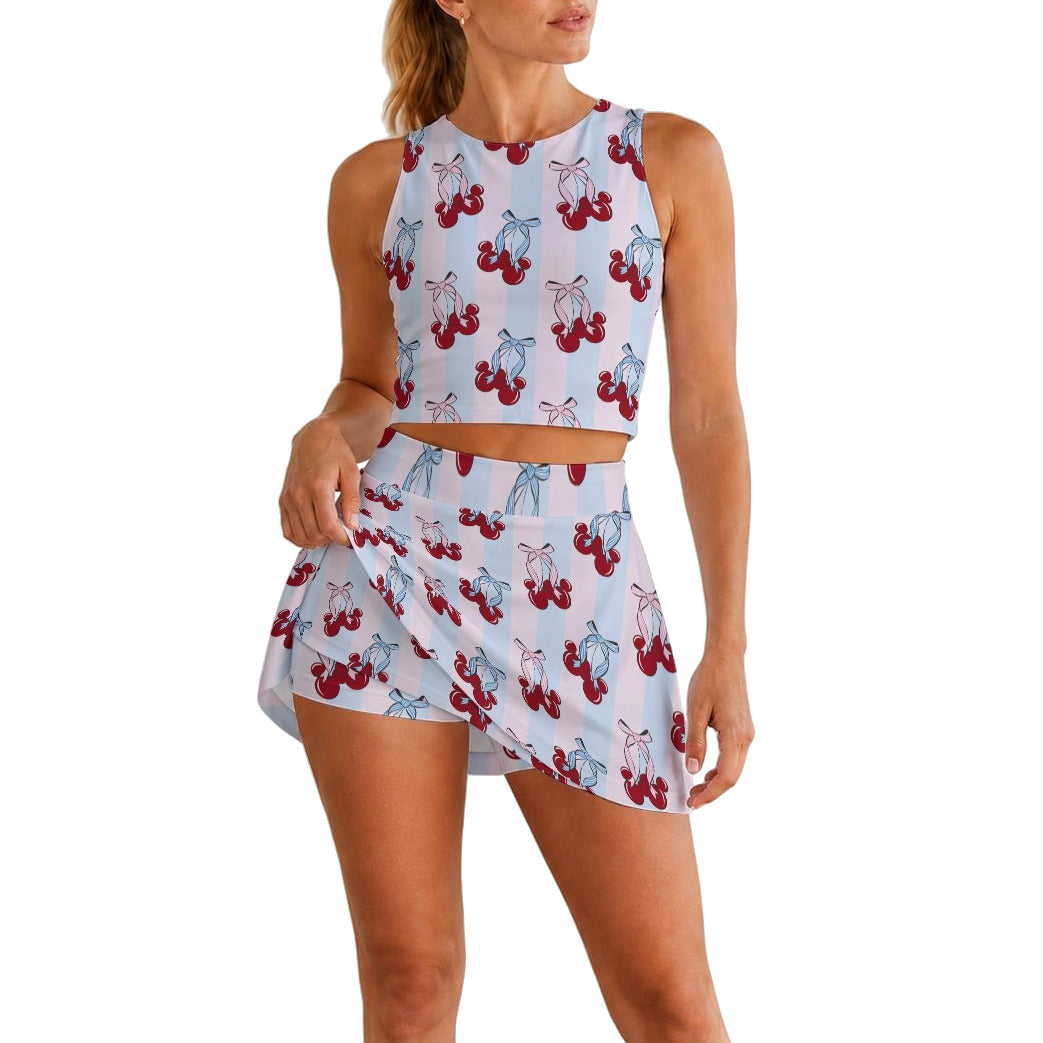 Cherry Ear Bows - Women’s Athletic Skort Set with Open-Back Crop Top