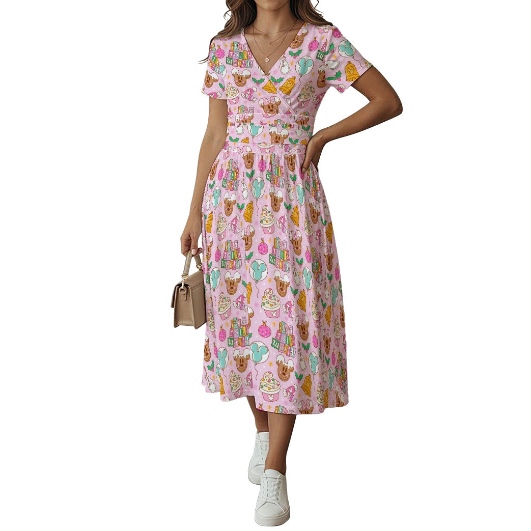 Tiny World Christmas Sugar Rush - Women's V-Neck Ruched Midi Dress