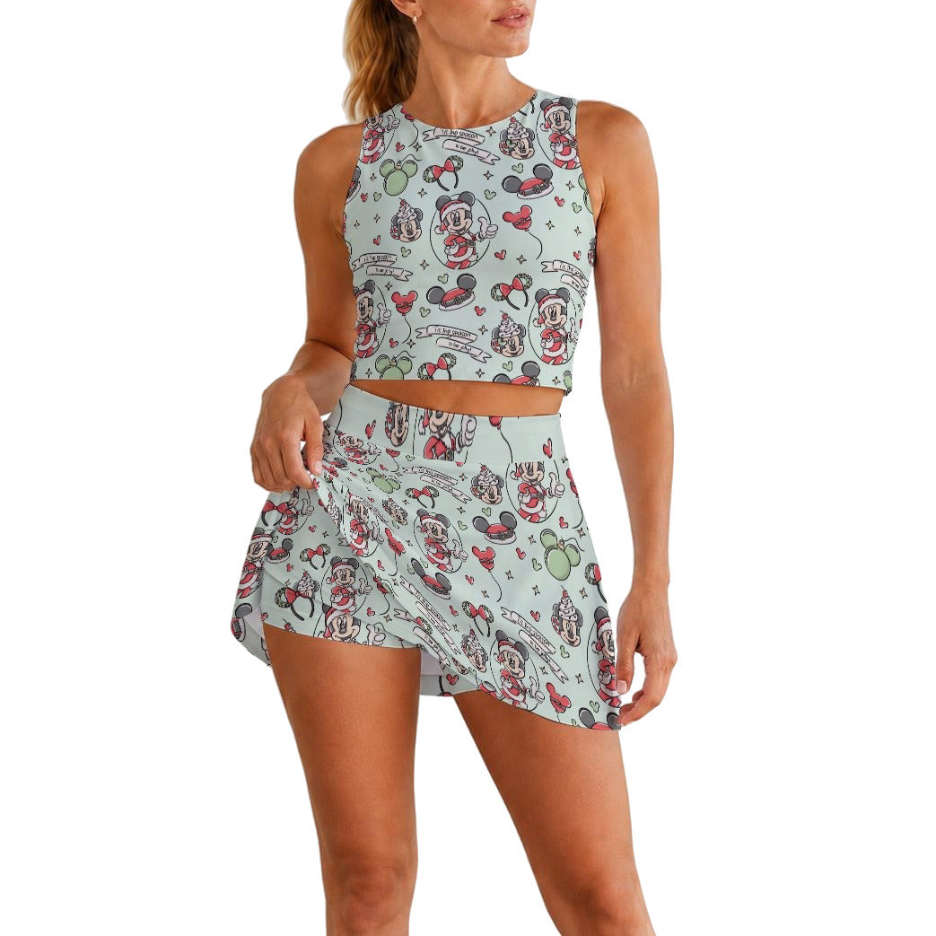 Mouse Pair Jolly Holiday - Women’s Athletic Skort Set with Open-Back Crop Top