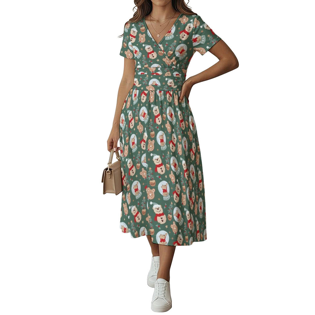 Bear's Honey Snowglobes - Women's V-Neck Ruched Midi Dress
