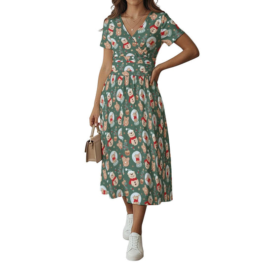 Bear's Honey Snowglobes - Women's V-Neck Ruched Midi Dress