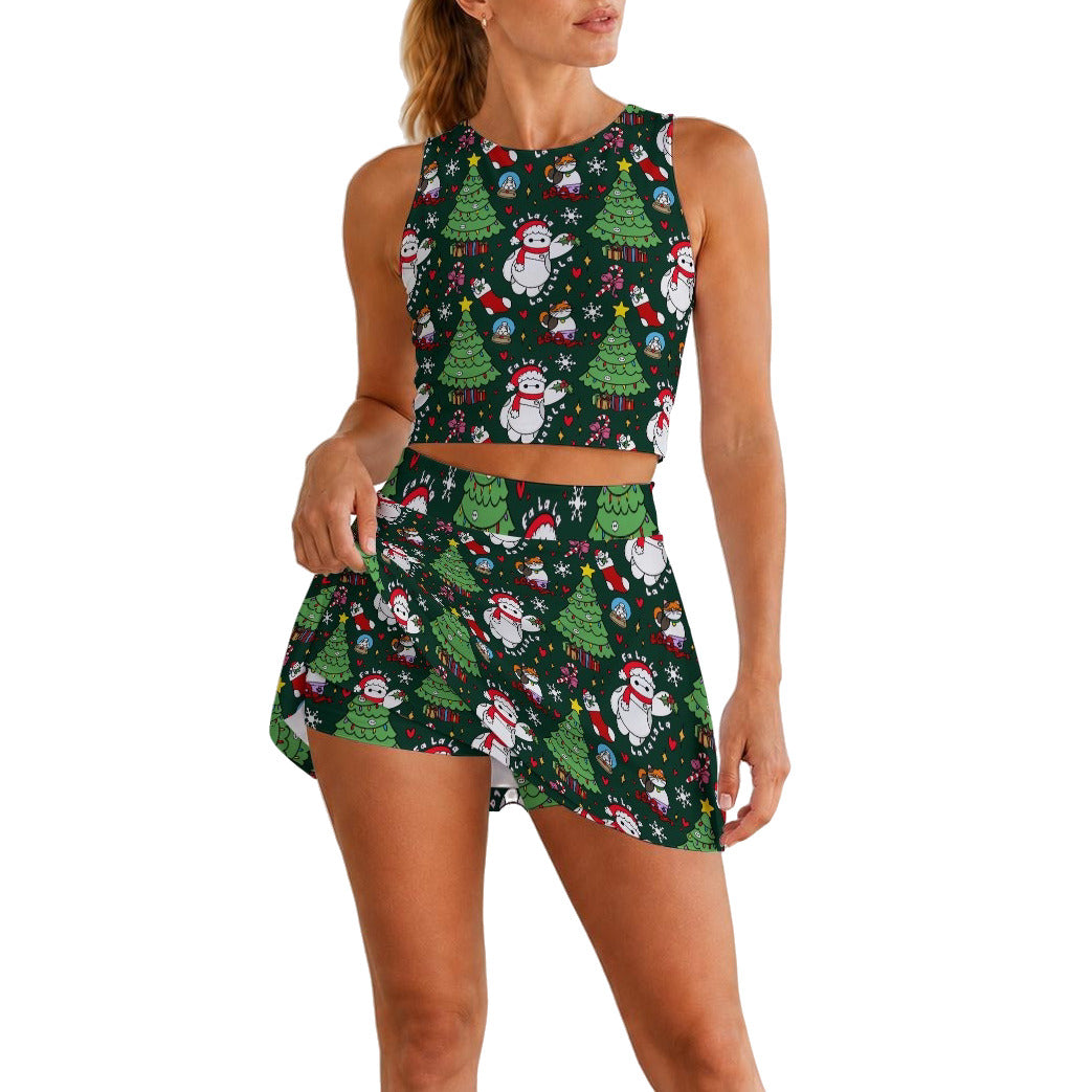 Robot Christmas Cheer - Women’s Athletic Skort Set with Open-Back Crop Top