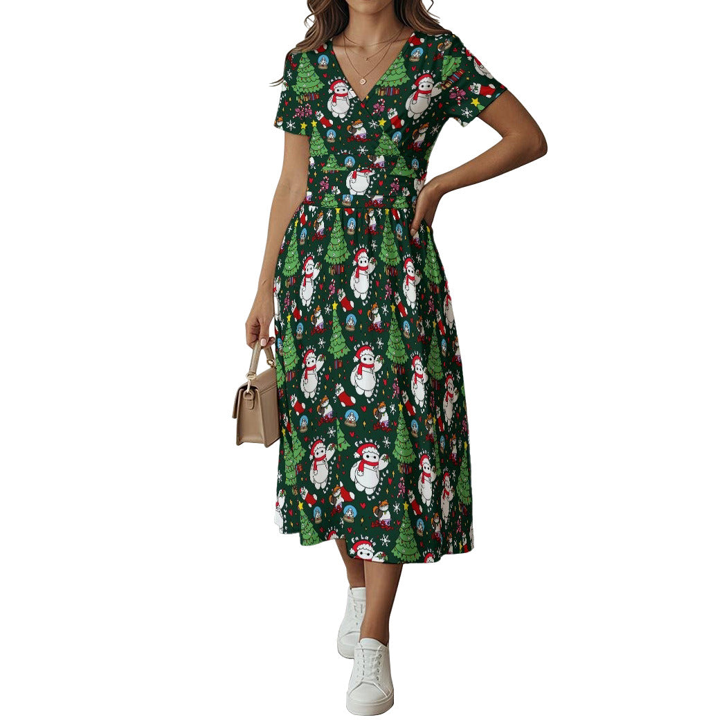 Robot Christmas Cheer - Women's V-Neck Ruched Midi Dress