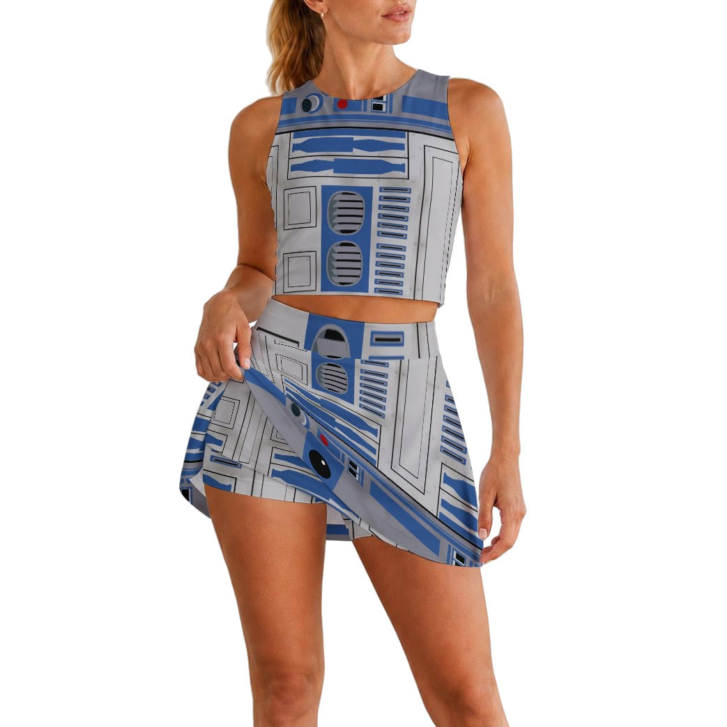 Little Blue Droid - Women’s Athletic Skort Set with Open-Back Crop Top