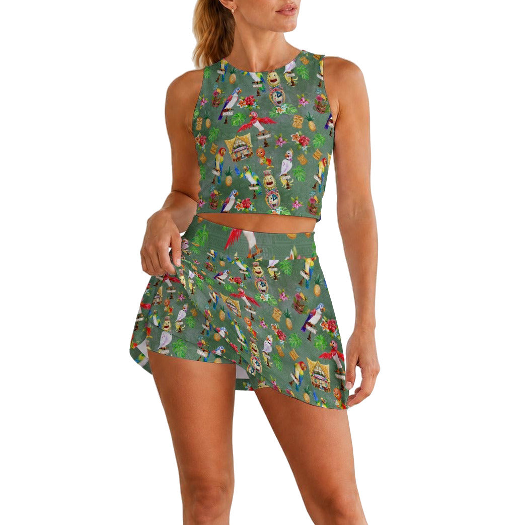 Orange Bird &amp; Tiki Friends - Women’s Athletic Skort Set with Open-Back Crop Top
