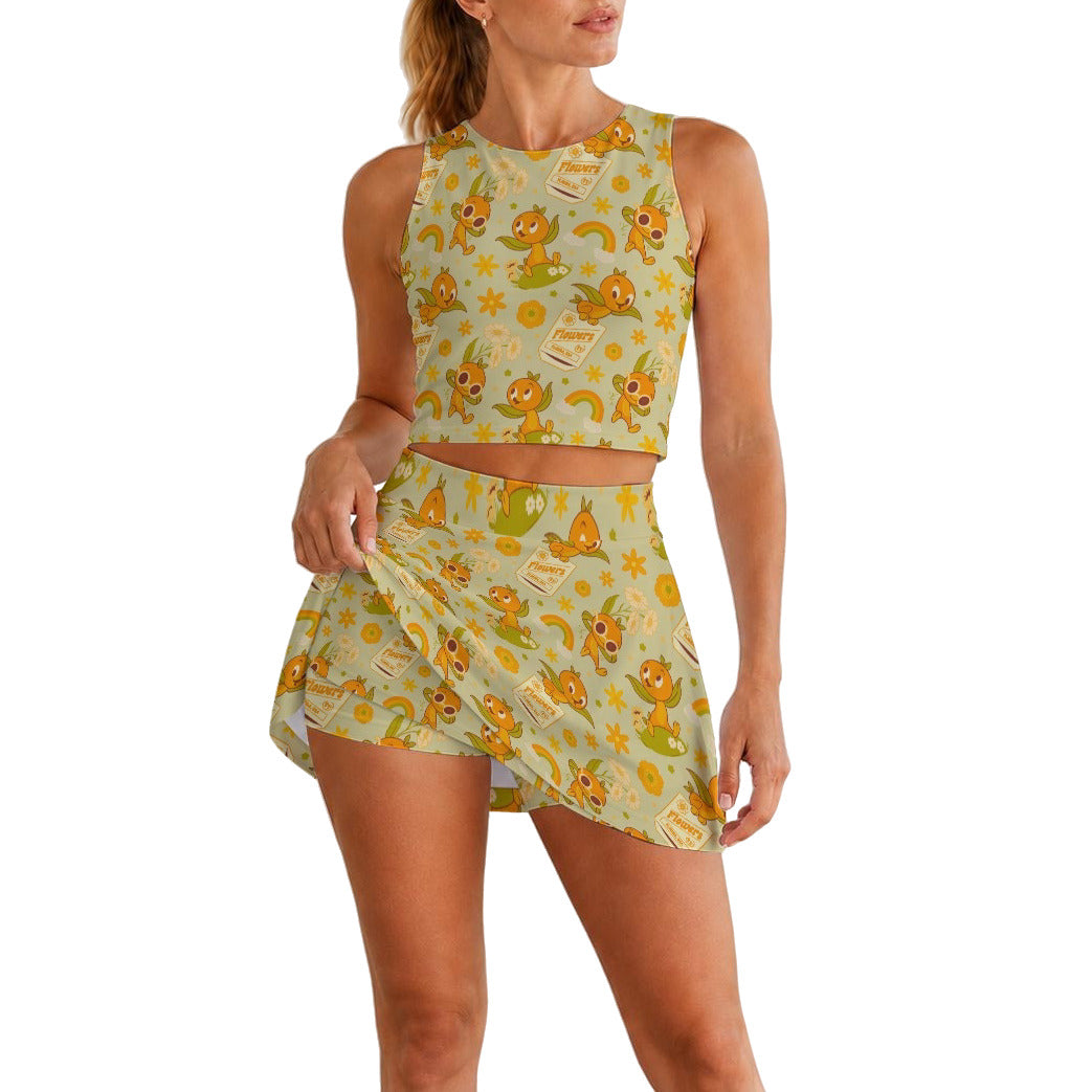 Vintage Citrus Garden - Women’s Athletic Skort Set with Open-Back Crop Top