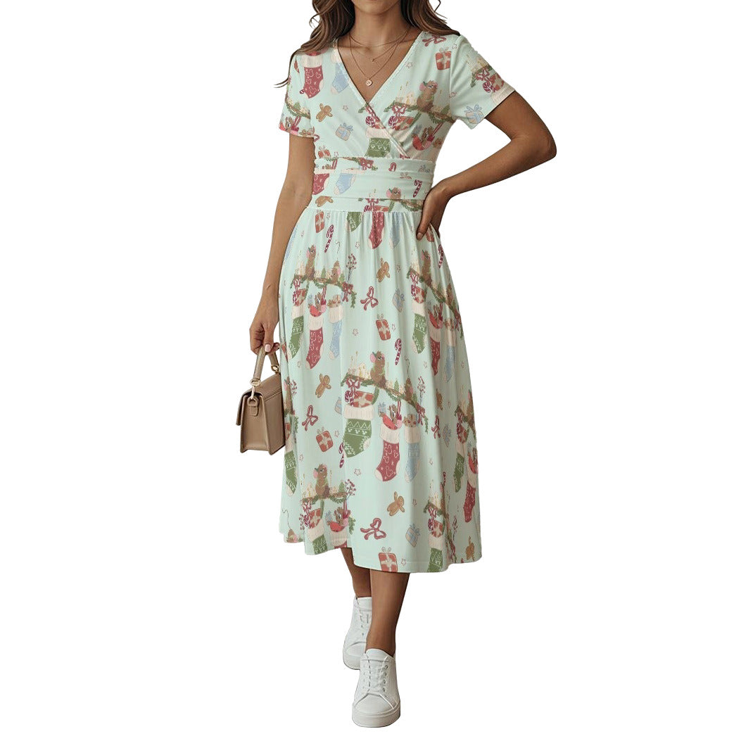 Fairytale Christmas Stocking Stowaways - Women's V-Neck Ruched Midi Dress