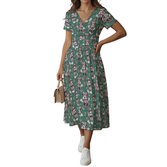 Mouse and Bow Peppermint Pals - Women's V-Neck Ruched Midi Dress