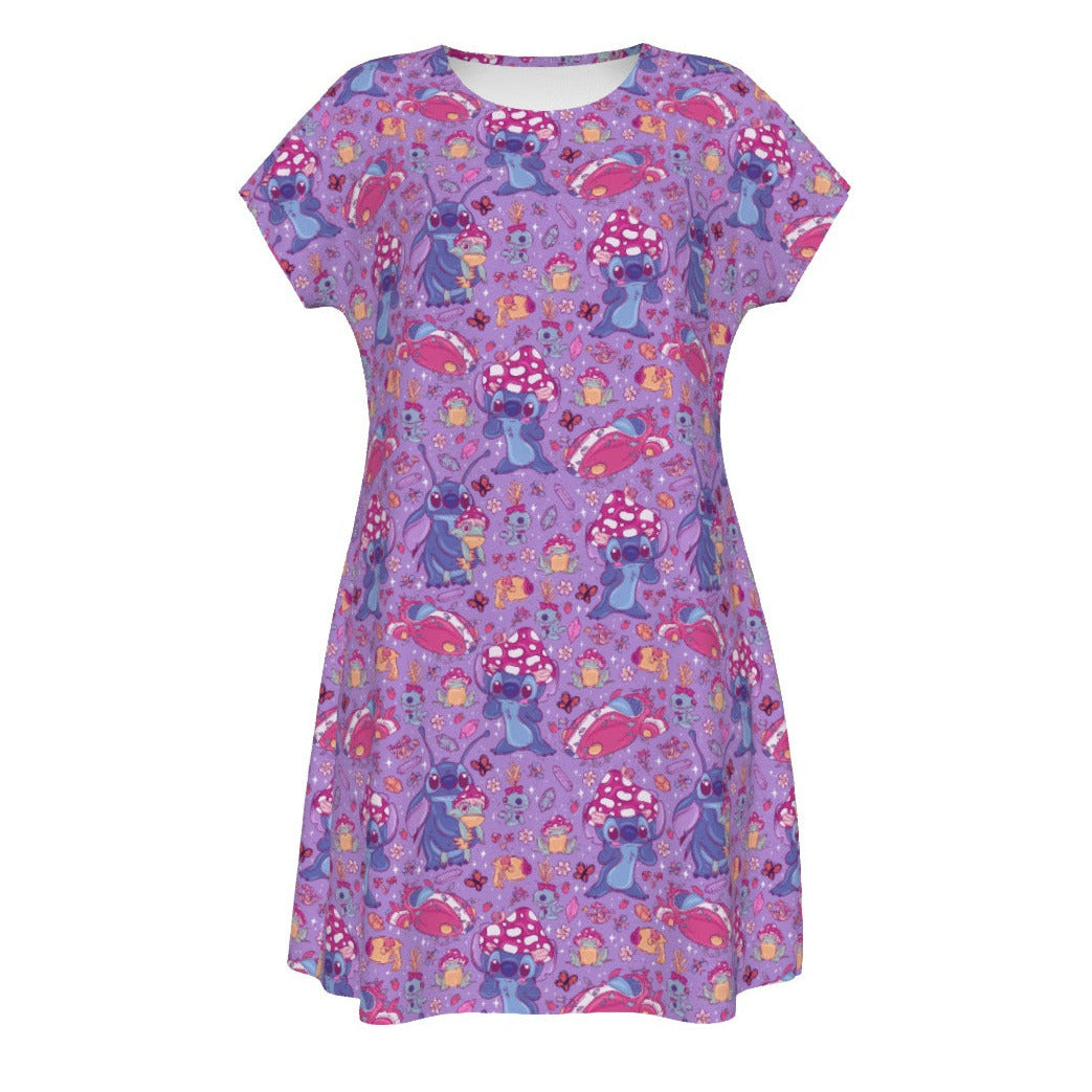 Blue Alien Mushroom Mischief - Women's T-Shirt Dress