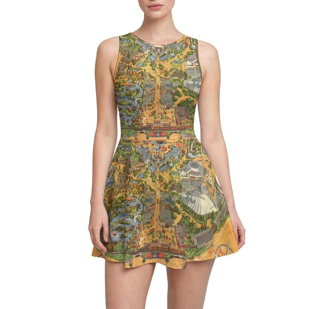 Vintage Theme Park Map - Women’s Sleeveless Athletic Skater Dress with Built-In Shorts